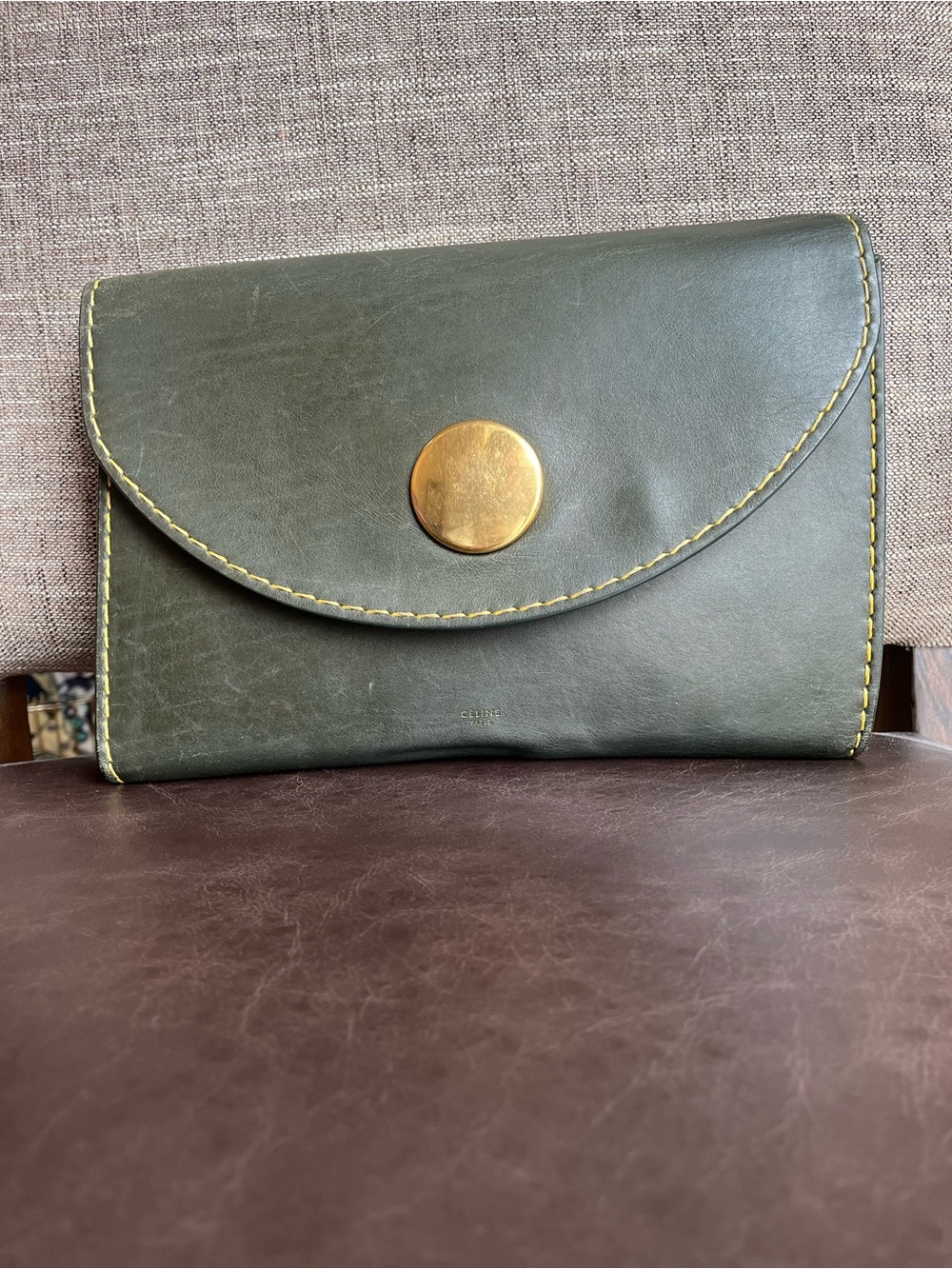Celine Green Leather Clutch with Gold Button